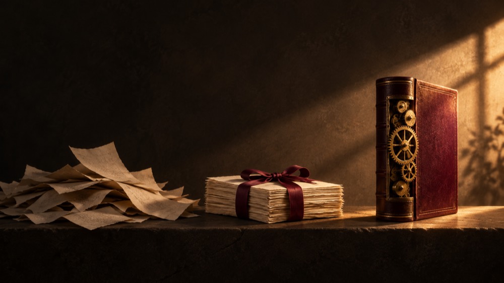 Розкидані аркуші перетворюються на стос під стрічкою, а потім на книгу з механізмом: три рівні роботи з ШІ