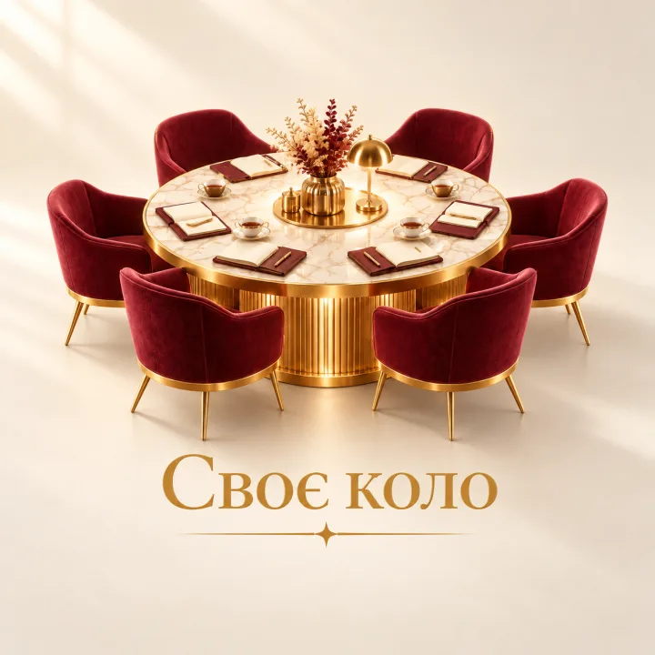 Знак клубу «Своє коло»: круглий мармуровий стіл із шістьма бордовими кріслами і золотий напис «Своє коло»